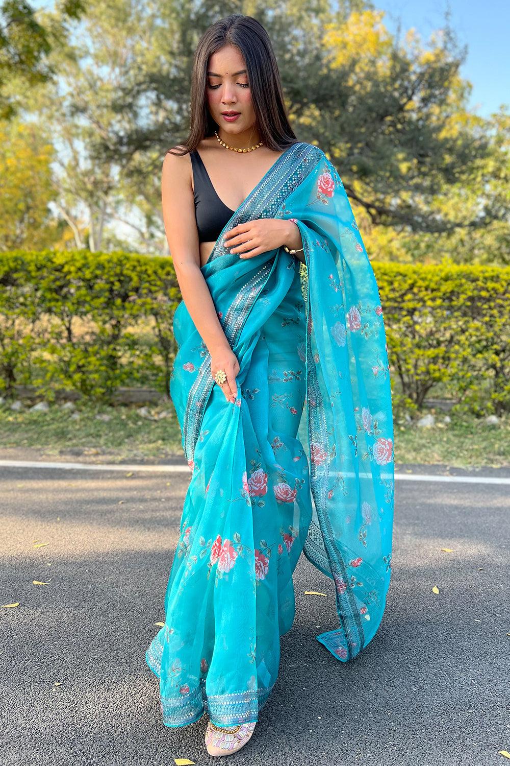 sky blue organza saree