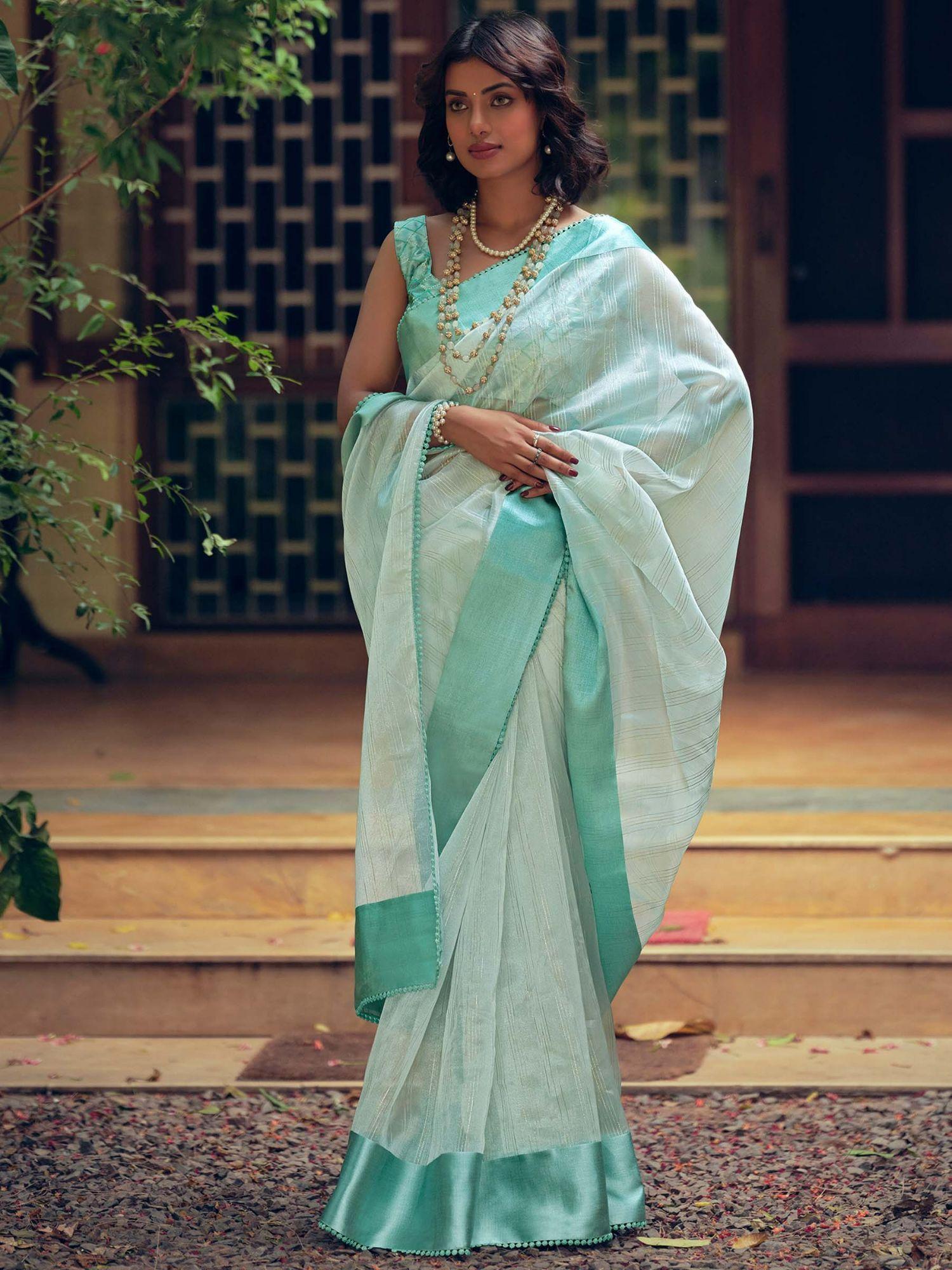 sky blue organza woven saree with unstitched blouse