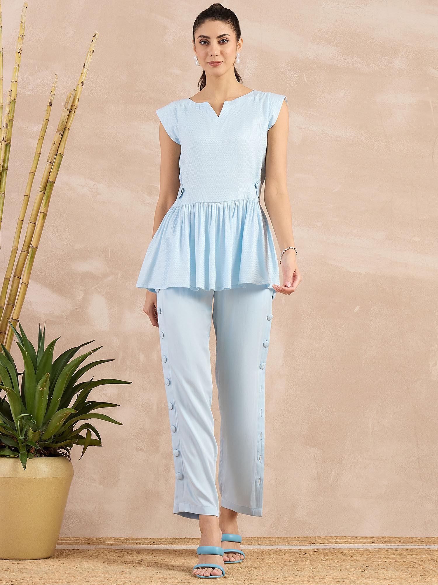 sky blue peplum top with button down straight pant (set of 2)