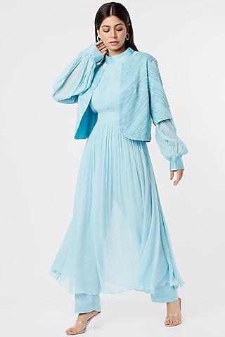 sky blue pleated tunic set with jacket