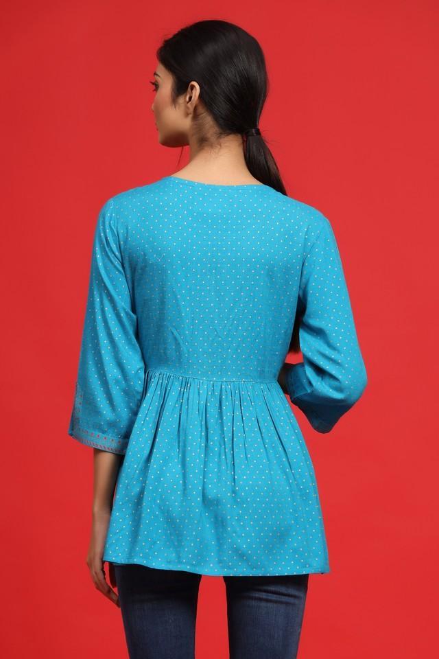 sky blue polka dot printed rayon peplum tunic