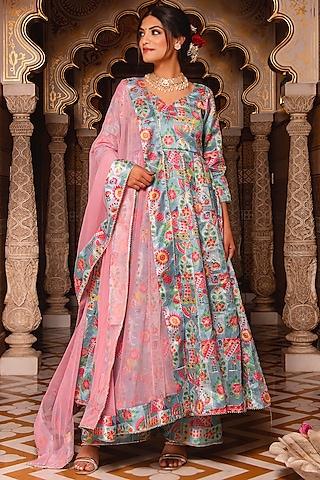 sky blue poly viscose printed anarkali set