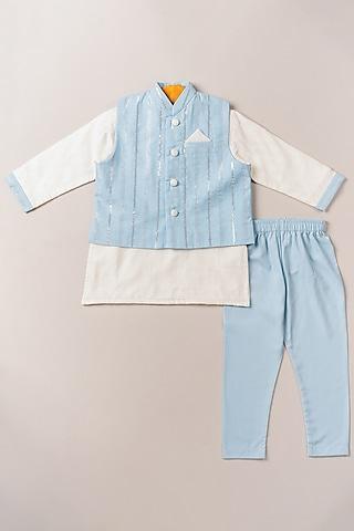 sky blue printed bundi jacket with kurta set for boys