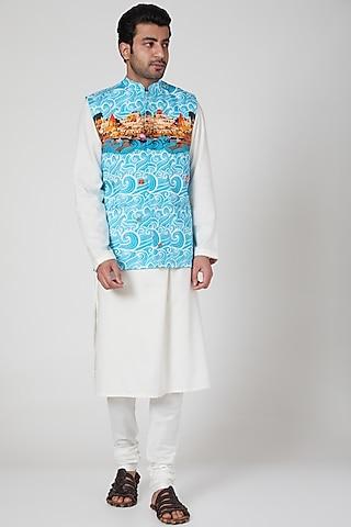 sky blue printed bundi jacket