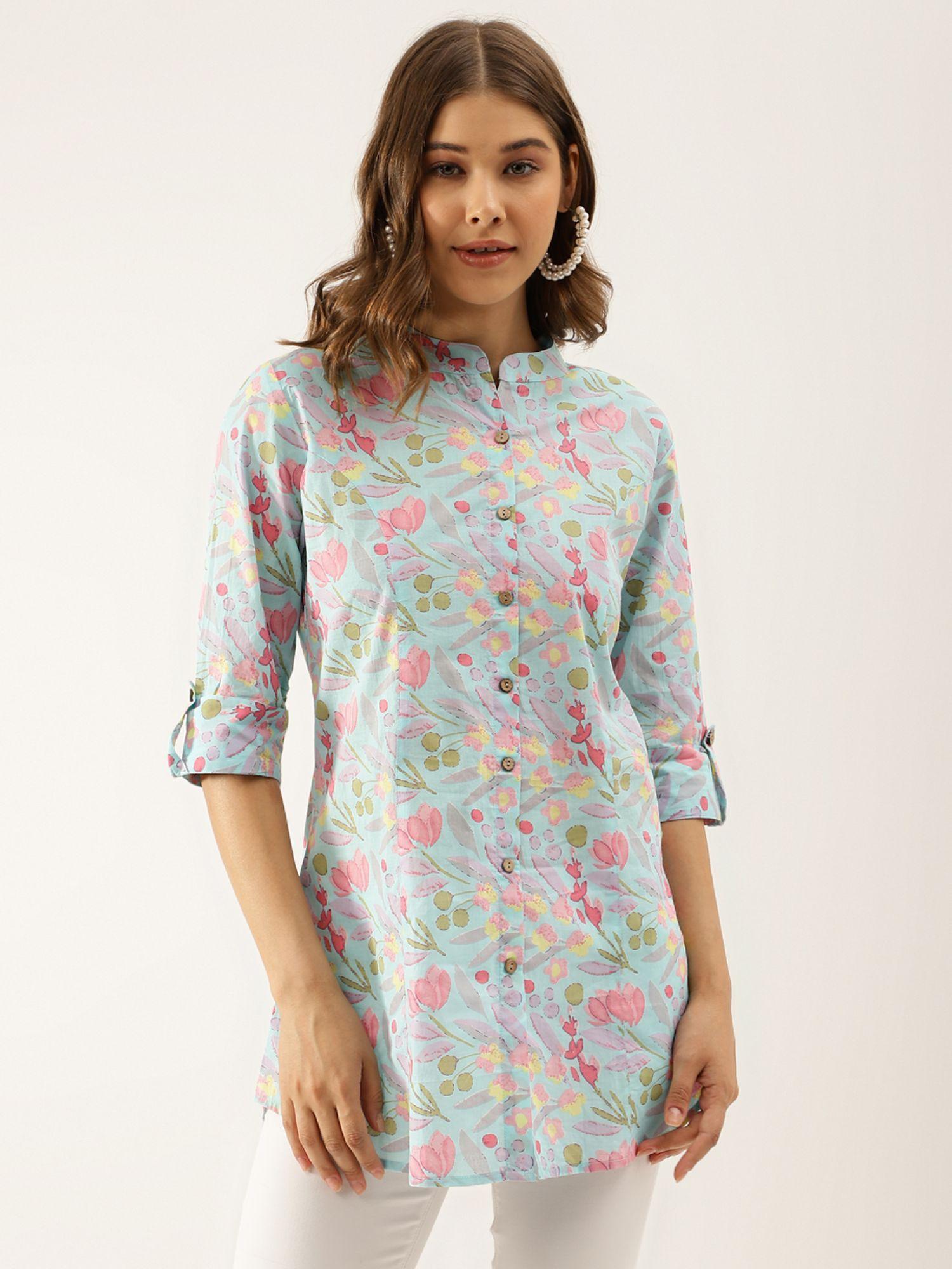 sky blue printed cotton regular fit top