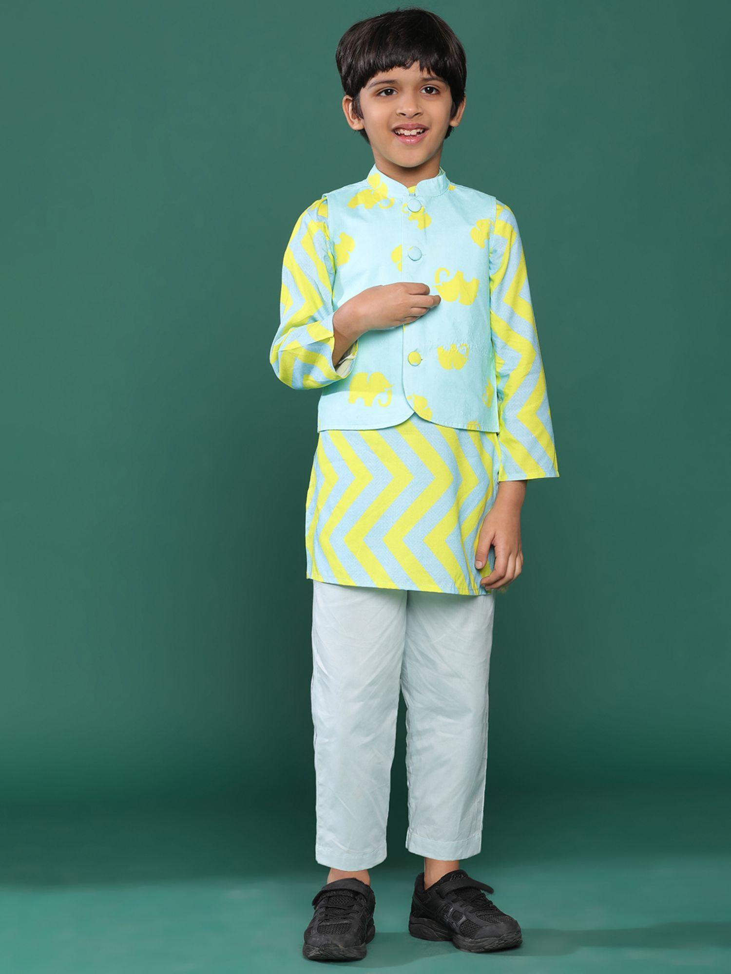 sky blue printed kurta pant and waistcoat for boys (set of 3)