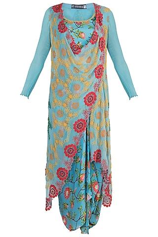 sky blue printed long waistcoat with blouse & skirt