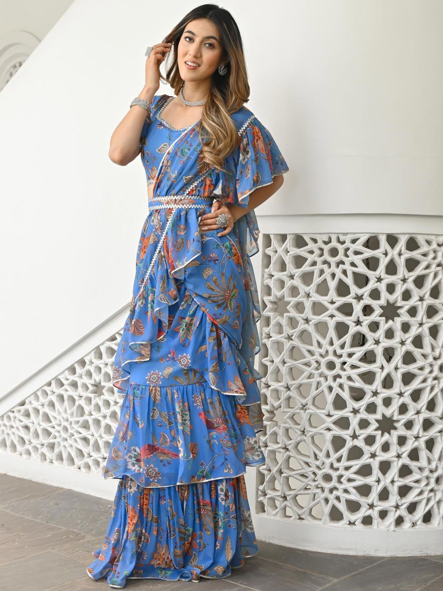 sky blue printed ruffle saree with stitched blouse