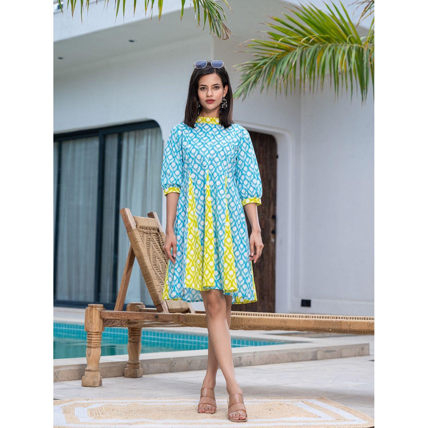 sky blue pure cotton floral dress