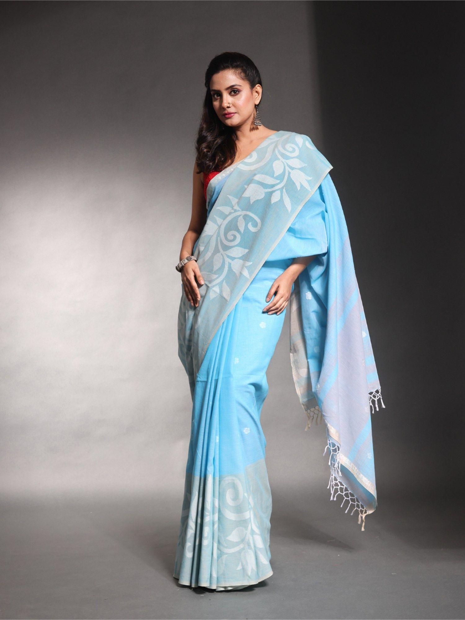 sky blue pure cotton soft saree with unstitched blouse