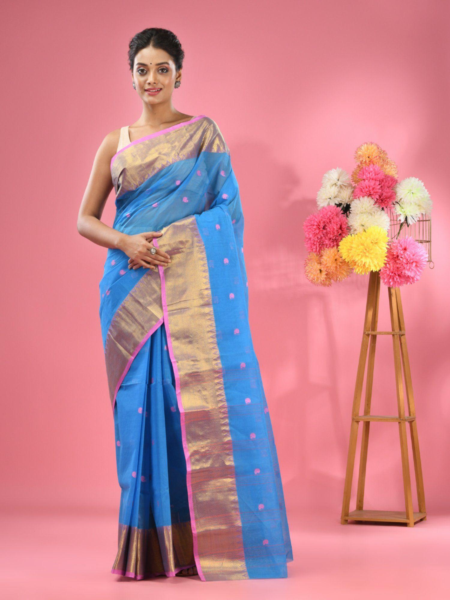 sky blue pure cotton tant zari border saree without blouse