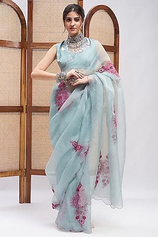sky blue pure silk organza resham embroidered saree set