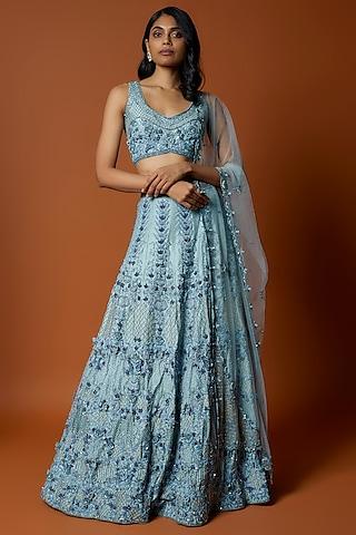 sky blue raw silk floral embroidered lehenga set