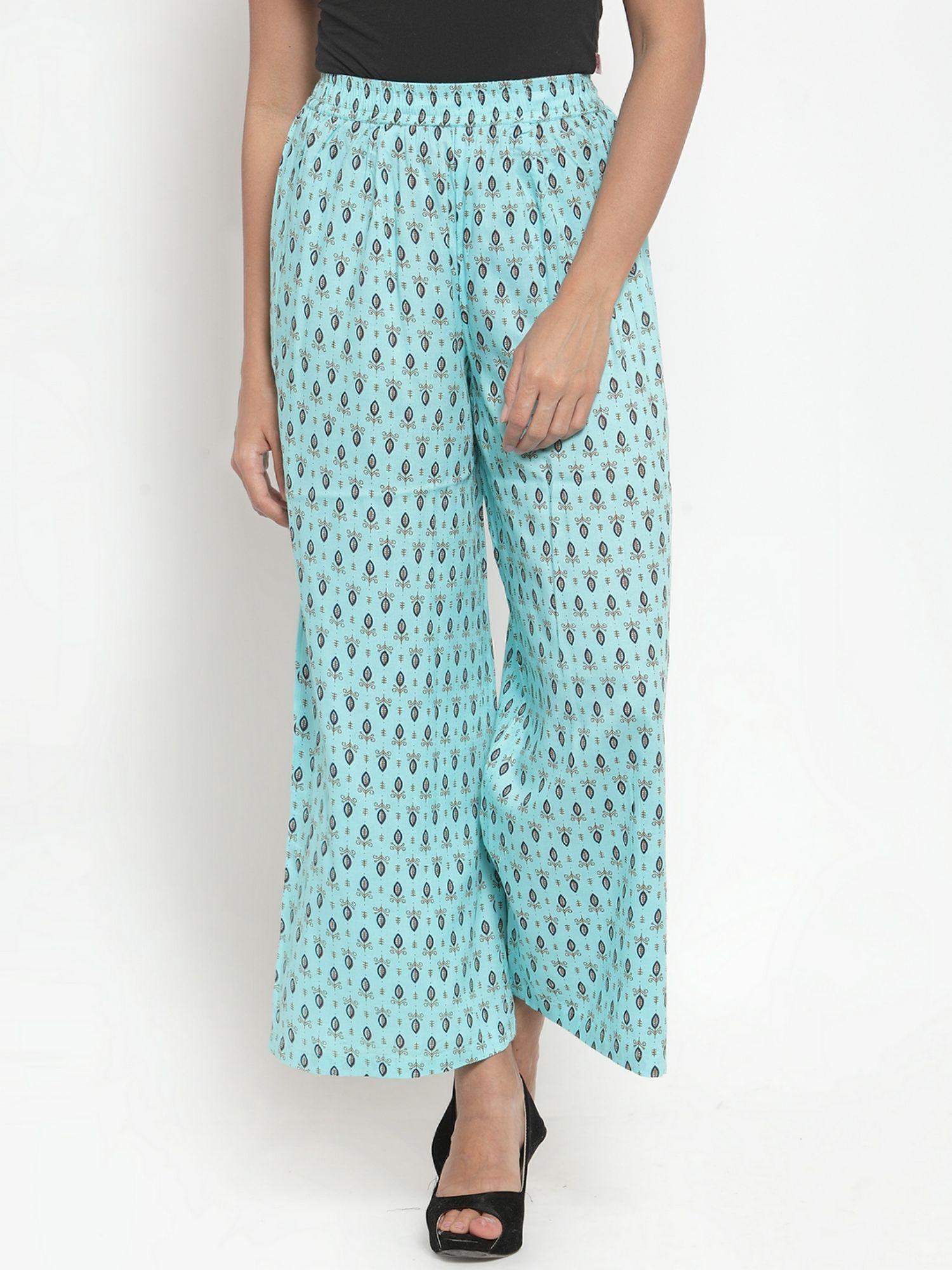 sky blue rayon block print a-line palazzos