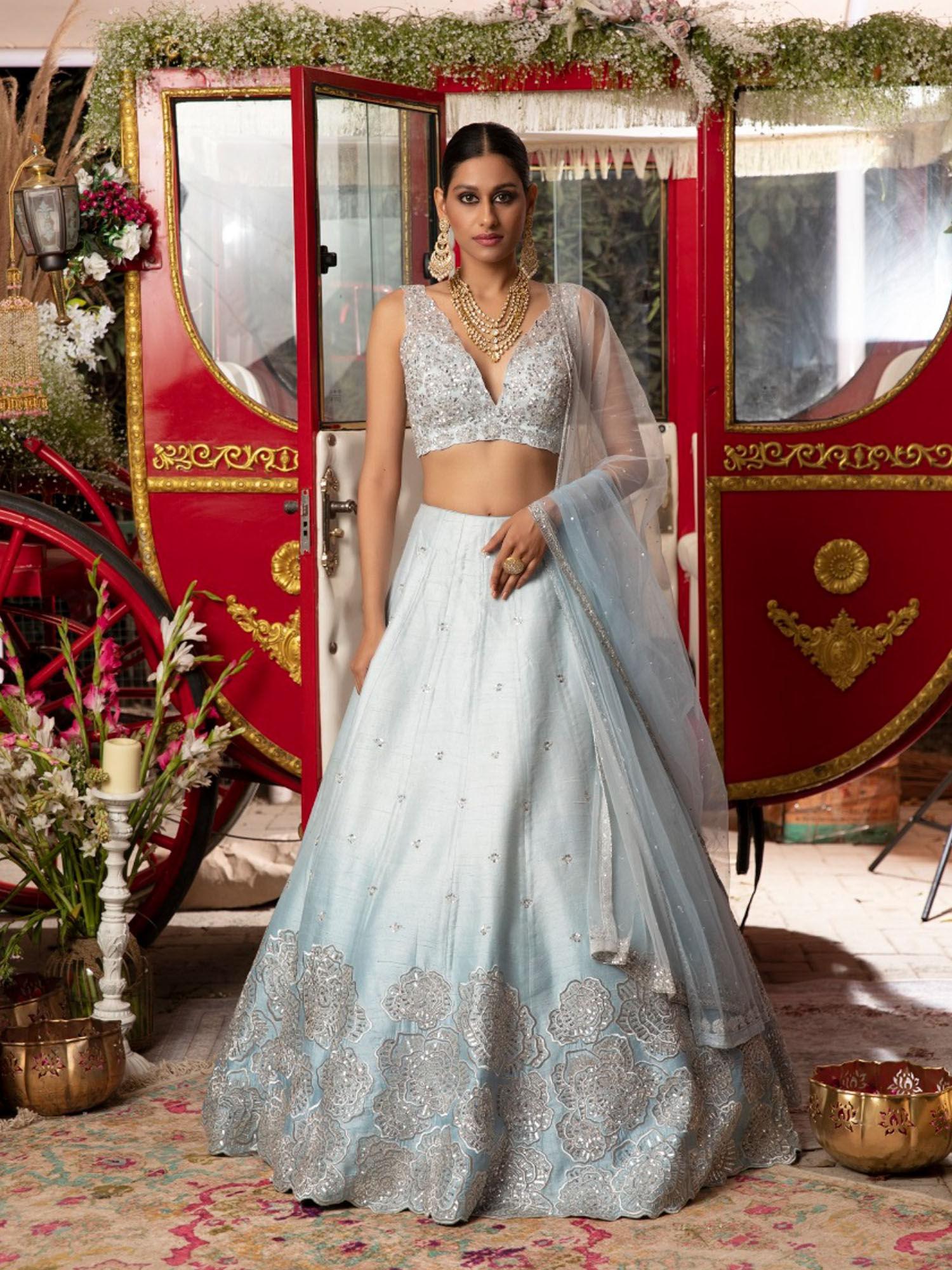 sky blue roses embroidered lehenga with choli and dupatta (set of 3)