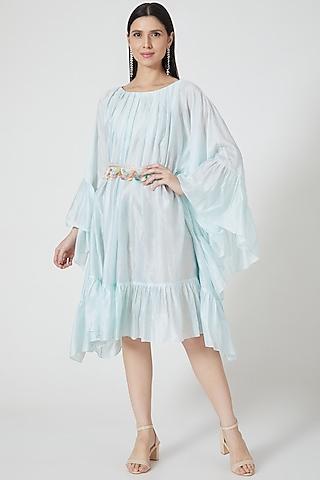 sky blue ruffled dress with embroidered belt