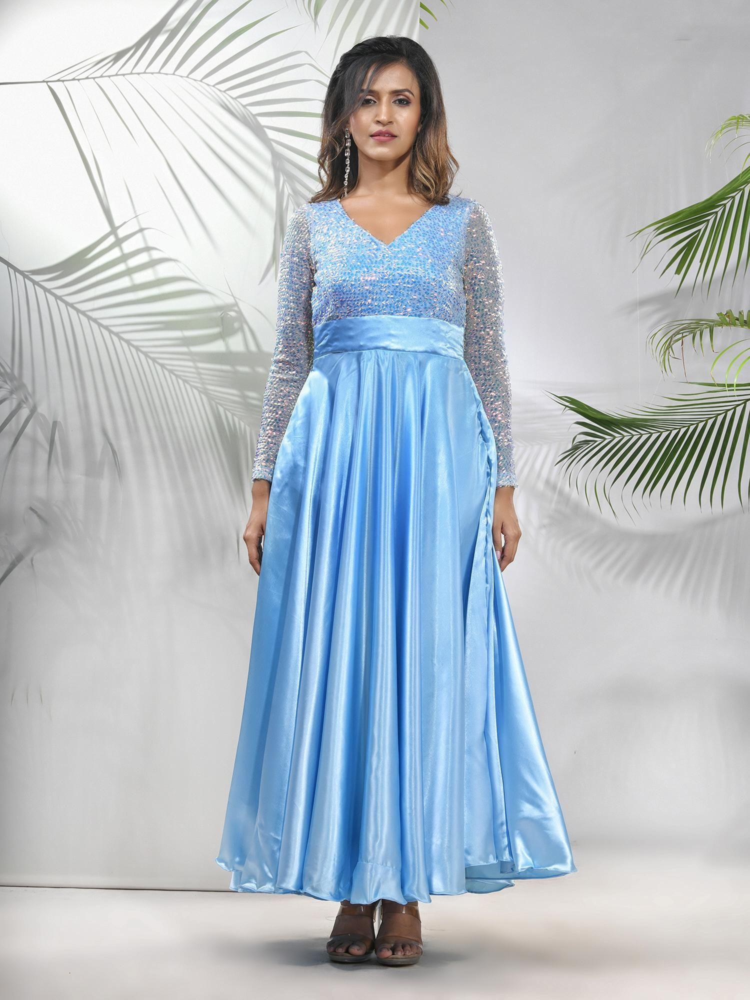 sky blue satin gown with sequins work