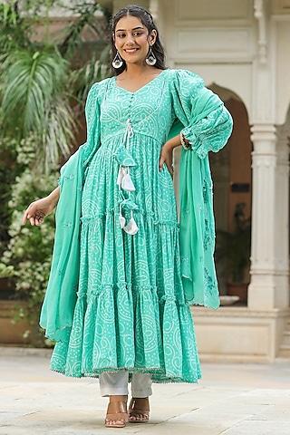 sky blue shantoon & voile anarkali set