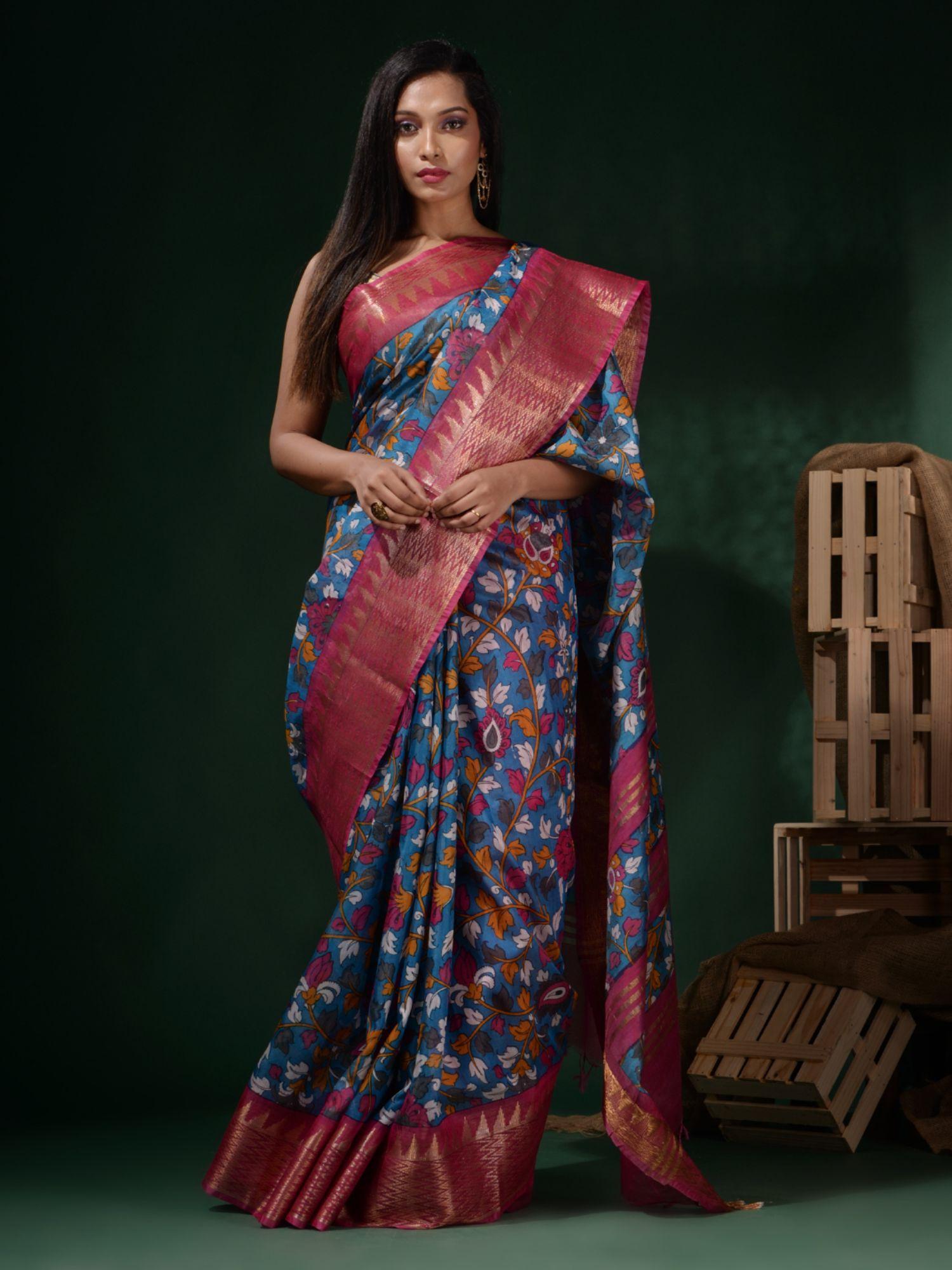 sky blue silk blend handwoven soft floral print saree with unstitched blouse