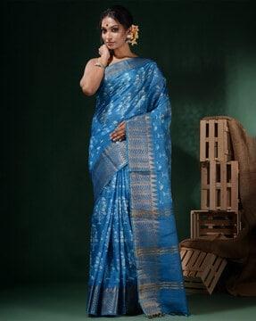 sky blue silk blend handwoven soft saree with block print saree