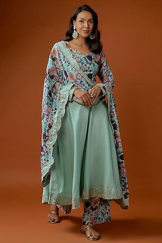 sky blue silk blend zari embroidered flared anarkali set