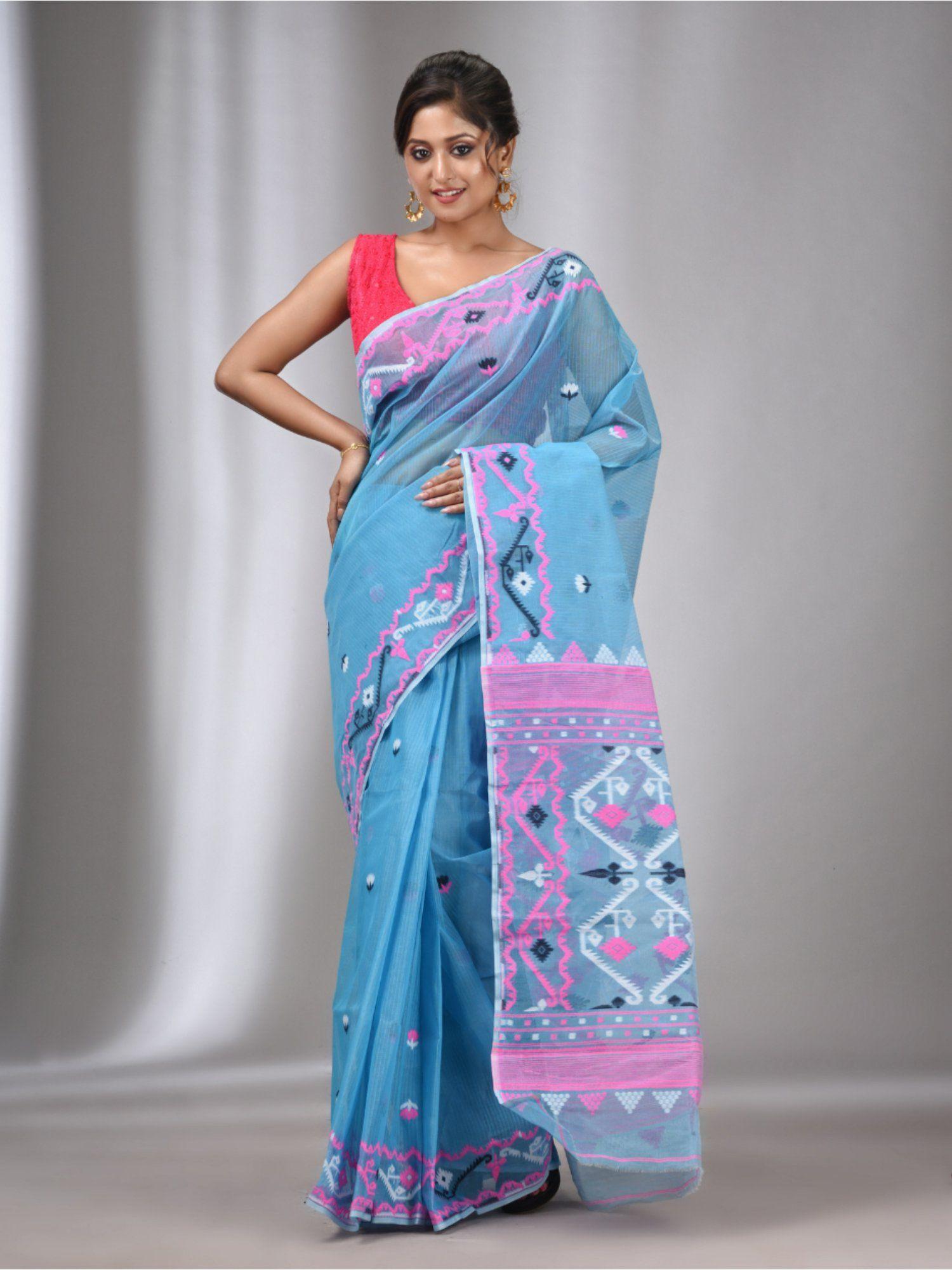 sky blue silk cotton handwoven soft jamdani saree