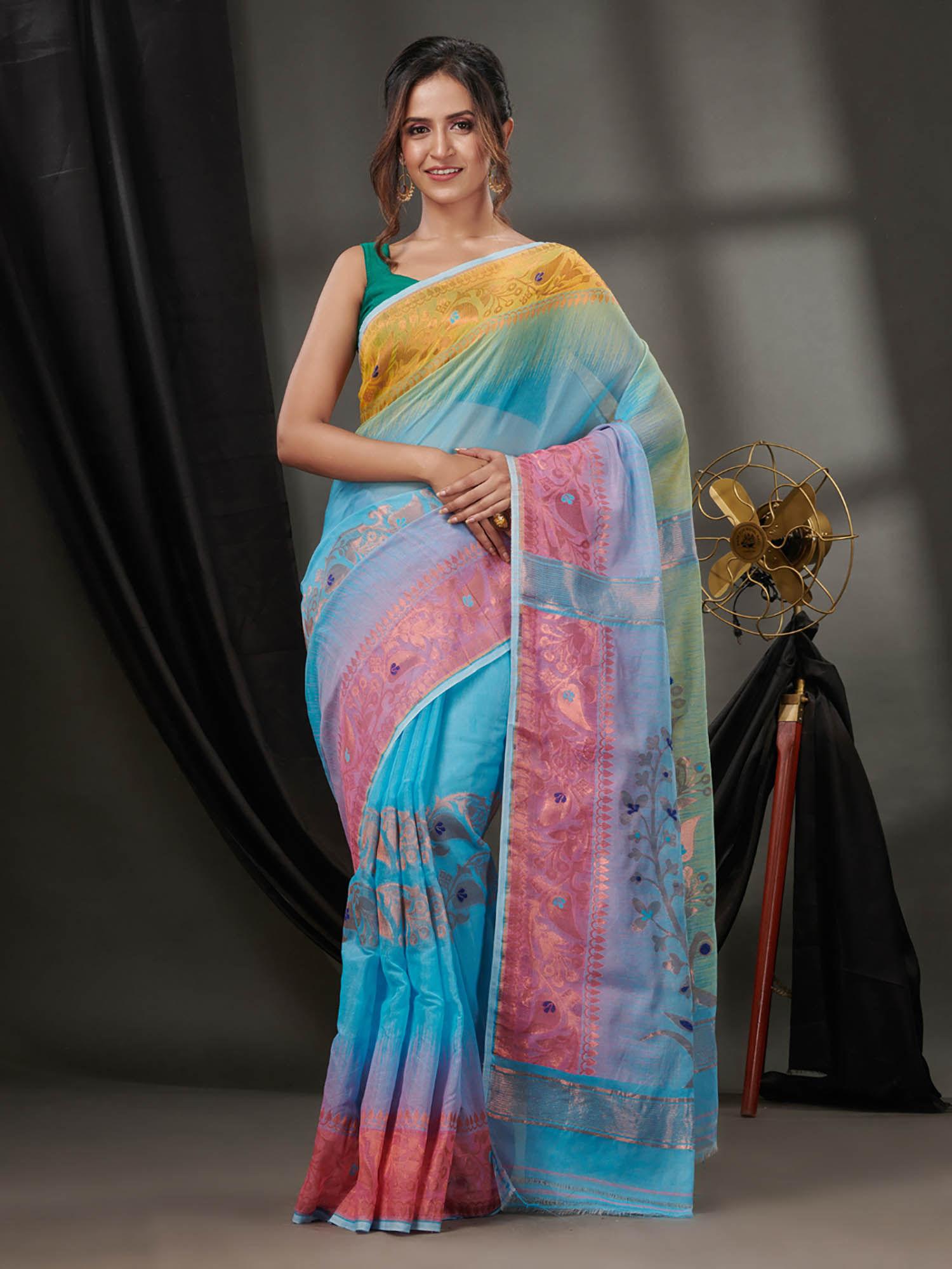 sky blue silk cotton jamdhani handwoven saree without blouse & zari woven designs