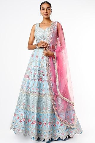 sky blue silk embroidered lehenga set