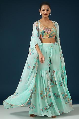 sky blue silk printed cape set