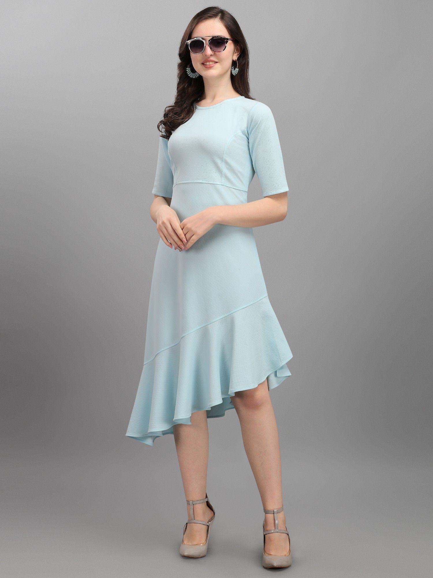 sky blue solid bodycon knee length dress