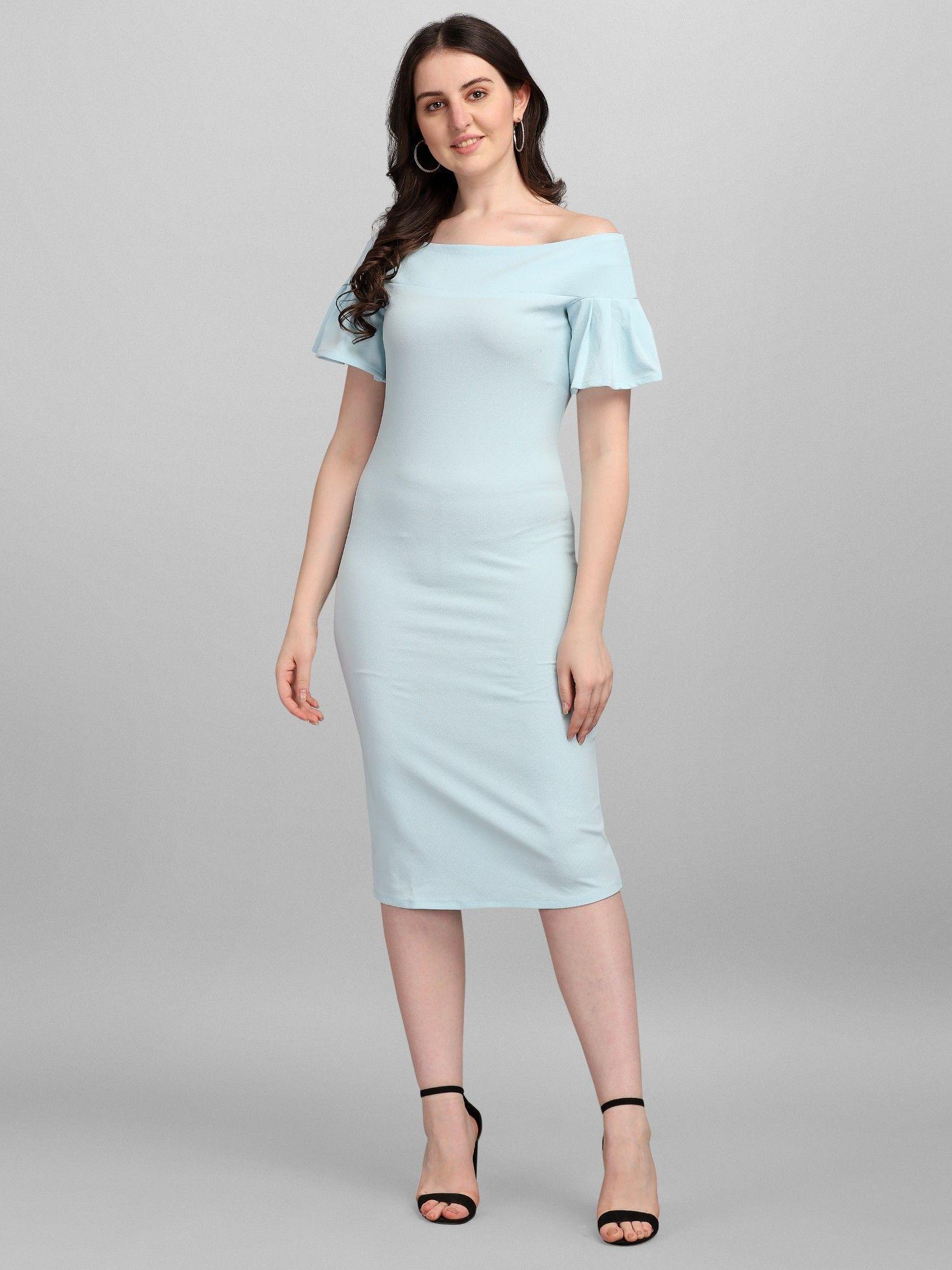 sky blue solid bodycon midi dress