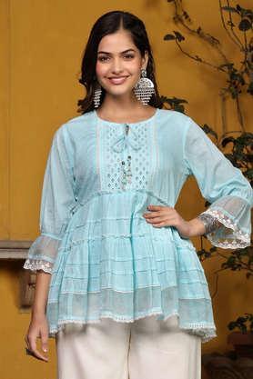 sky blue solid peplum lacy keyhole neckline tunic with lining - blue