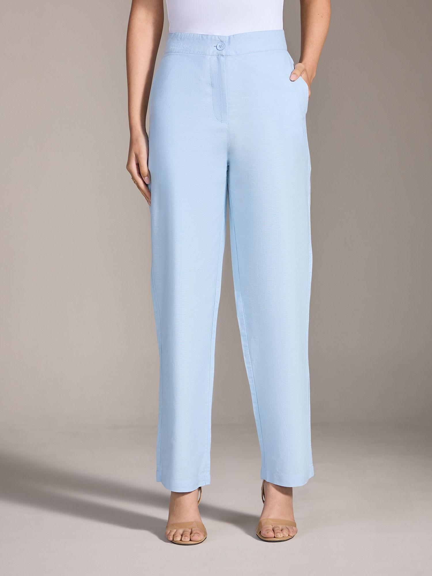 sky blue solid straight fit linen pants