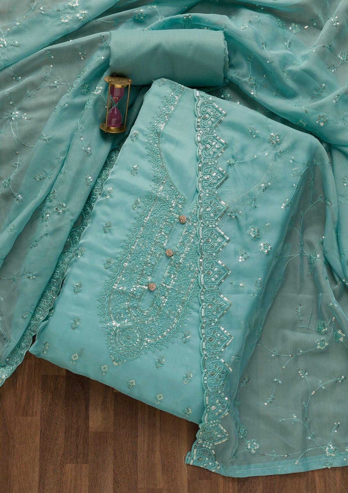 sky blue stonework tissue unstitched salwar suit