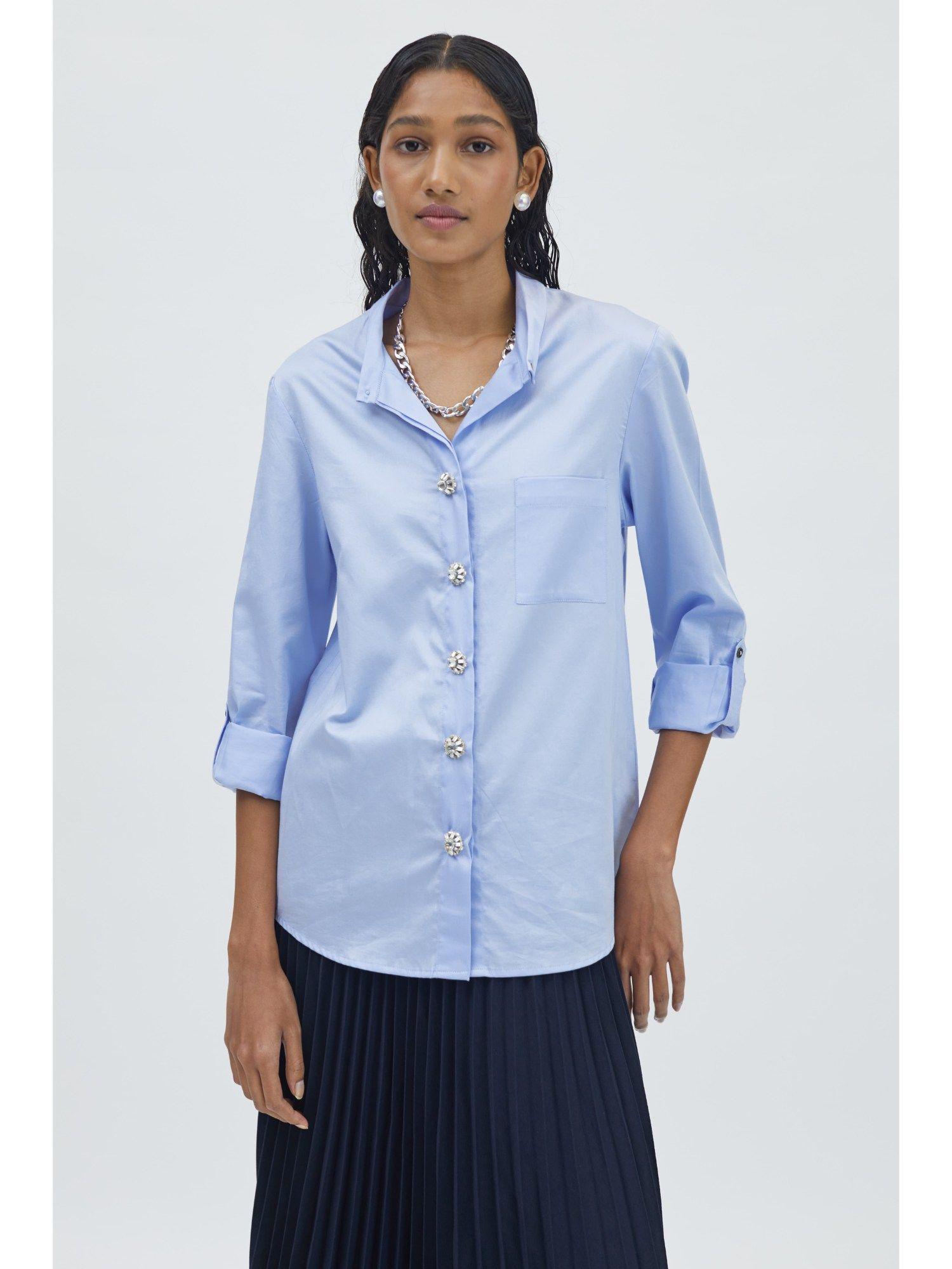 sky blue swarovski button shirt