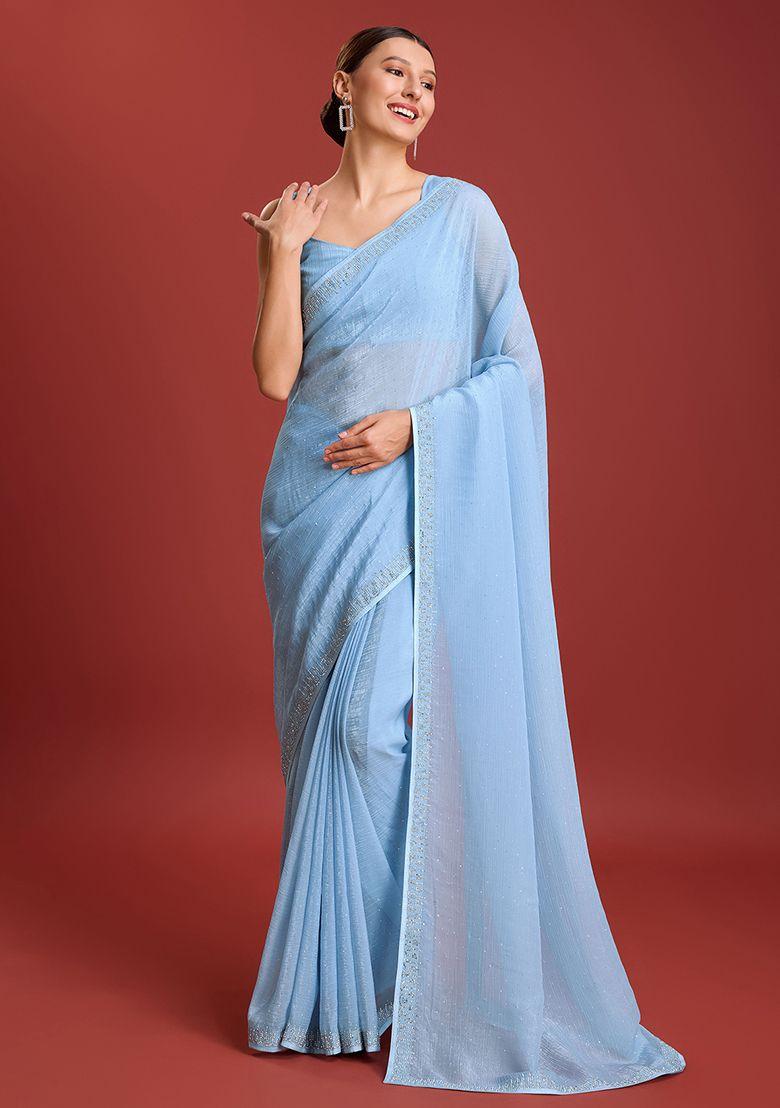 sky blue swarovski party wear saree with blouse