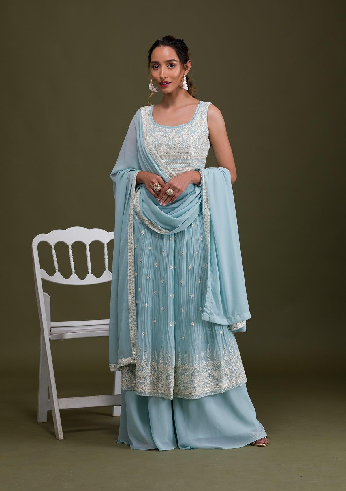 sky blue threadwork georgette readymade salwar suit