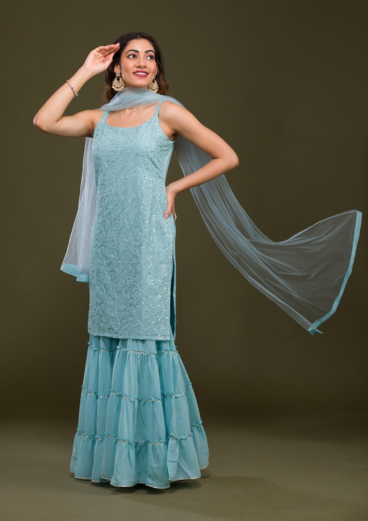 sky blue threadwork georgette readymade sharara suit