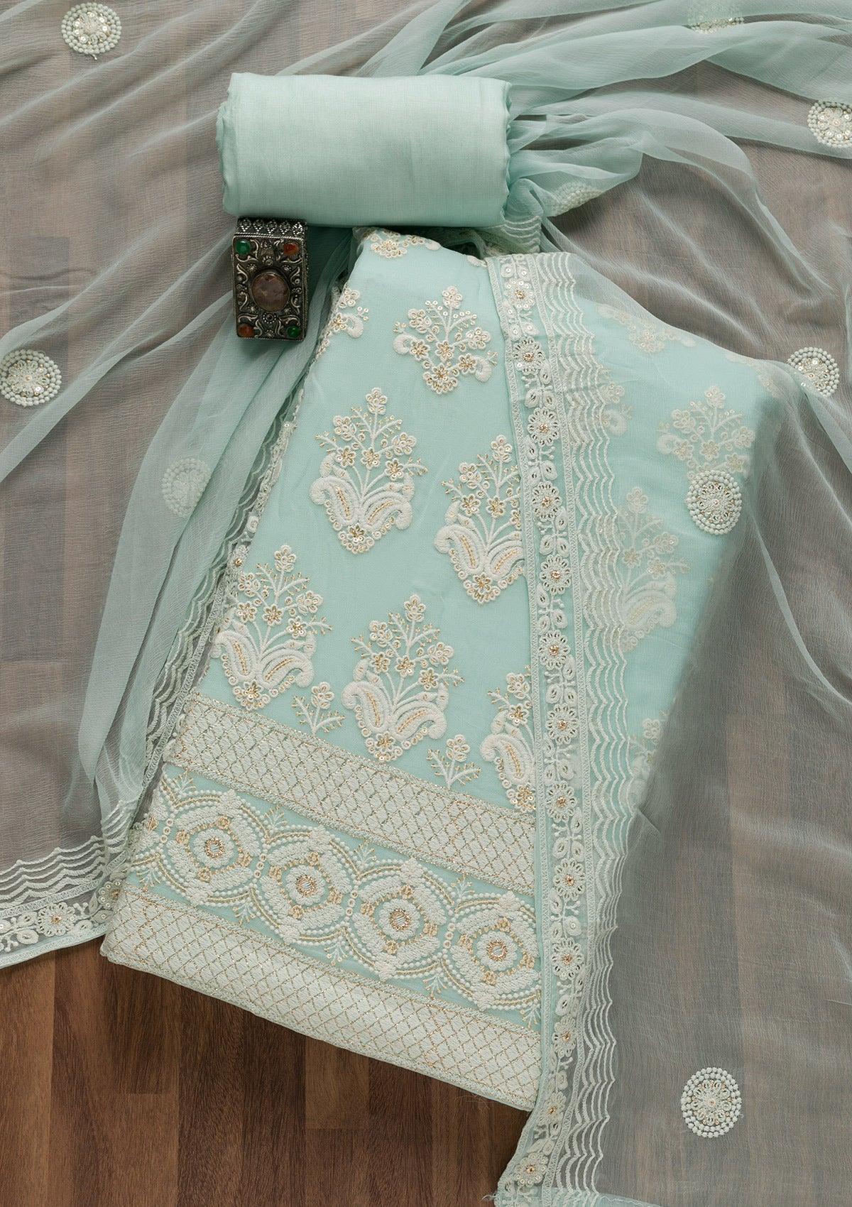 sky blue threadwork georgette unstitched salwar suit