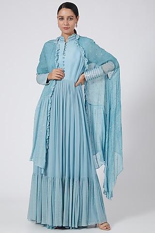 sky blue tiered anarkali with ruffled cape