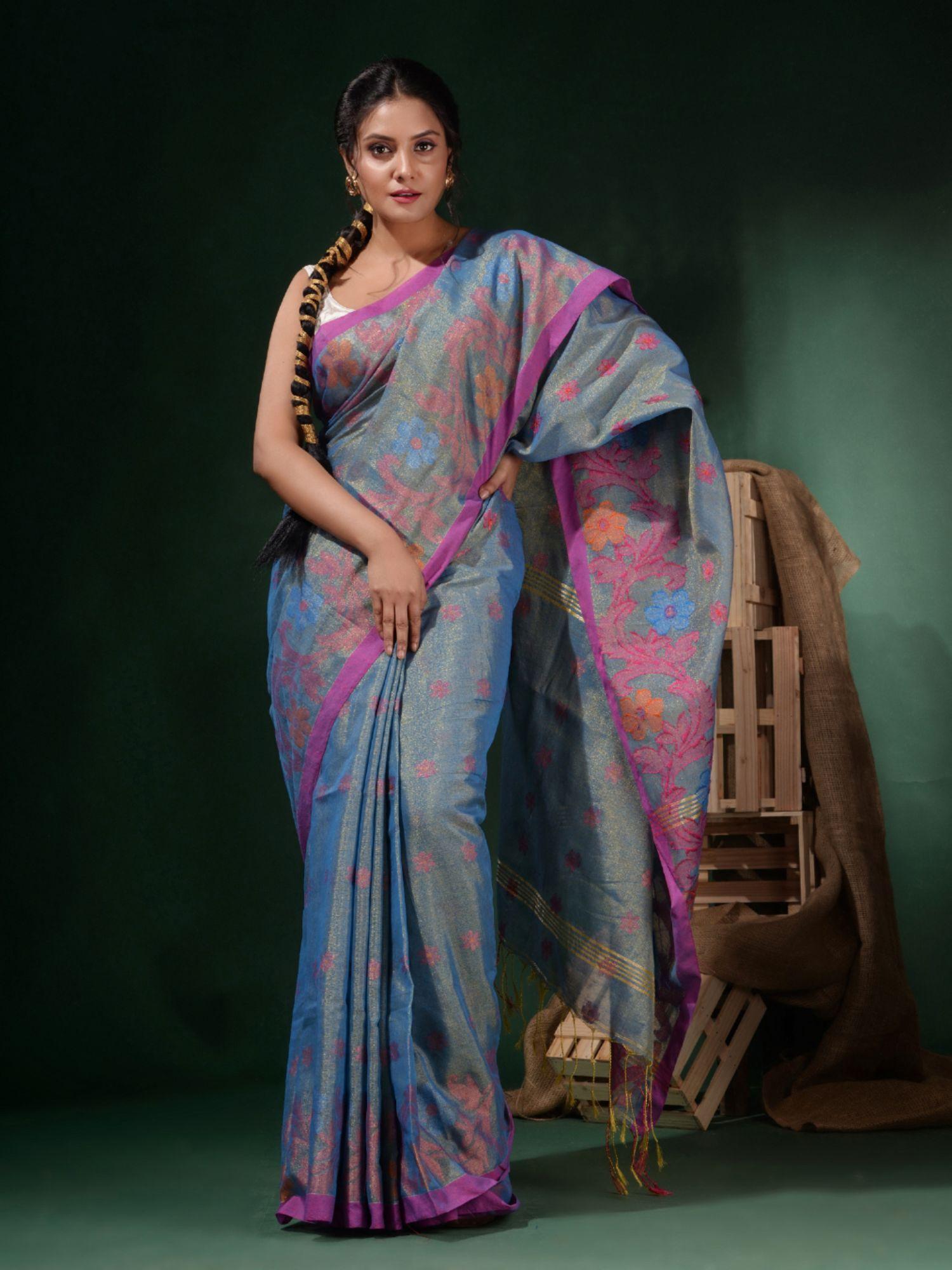 sky blue tissue handwoven soft floral designs saree with unstitched blouse