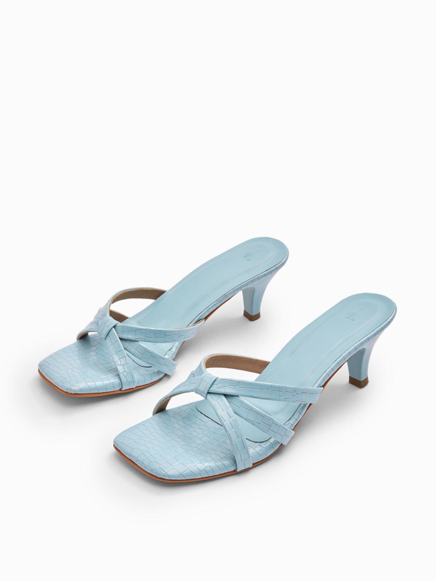 sky blue triple strap kitten heels