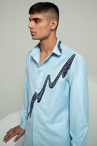 sky blue twill cotton appliqued shirt