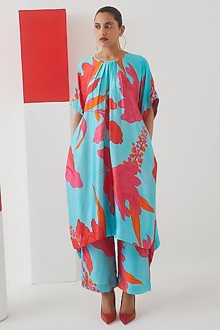 sky blue vegab silk floral printed kimono kurta set