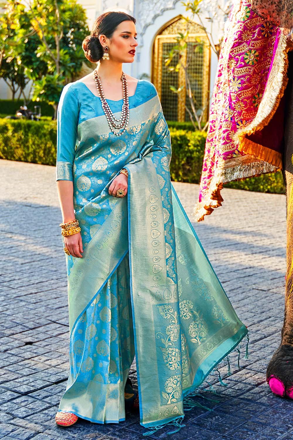 sky blue woven kanjivaram saree - special wedding edition