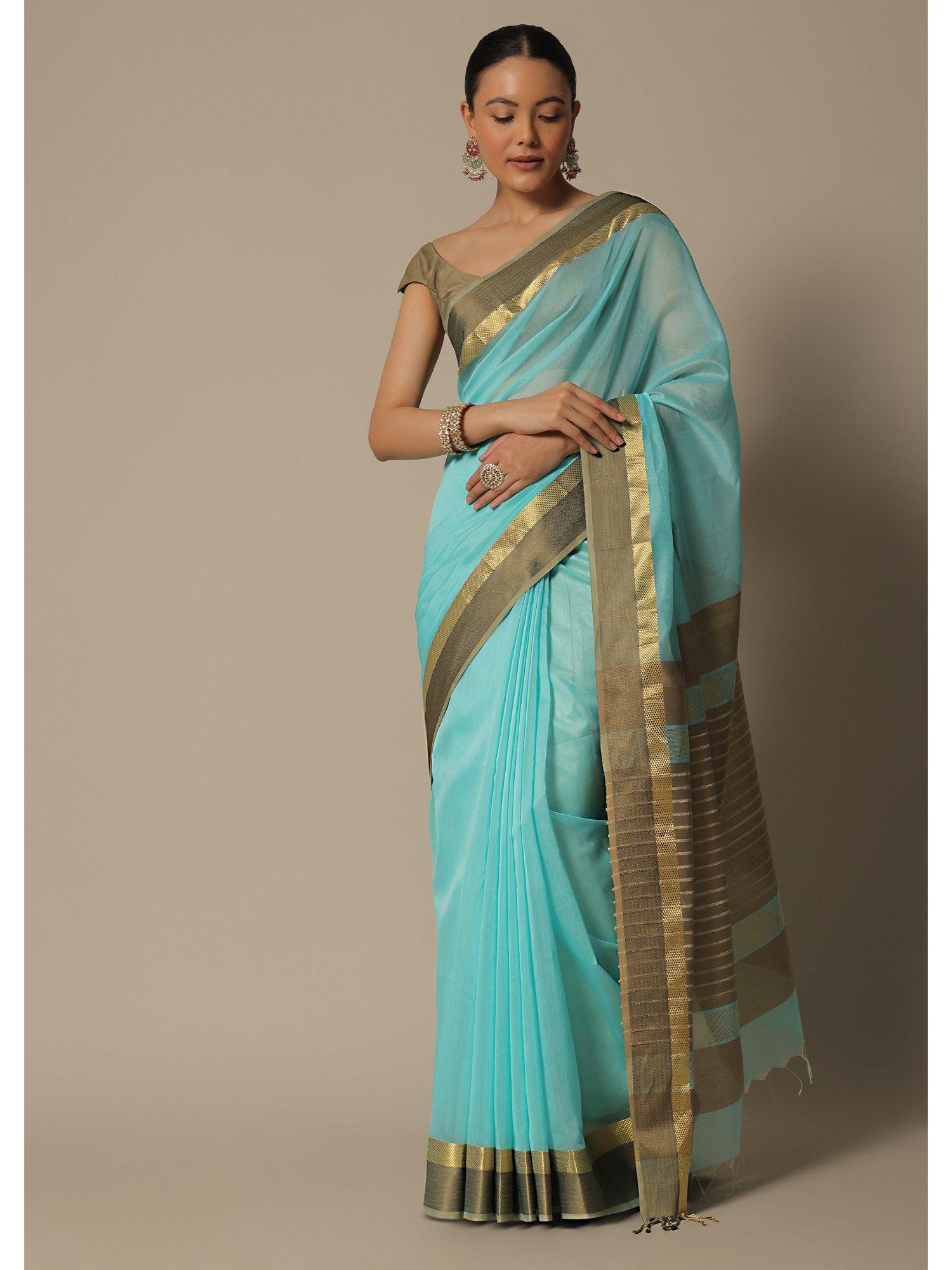 sky blue woven pallu in maheshwari chanderi silk pre-draped saree & unstitched blouse