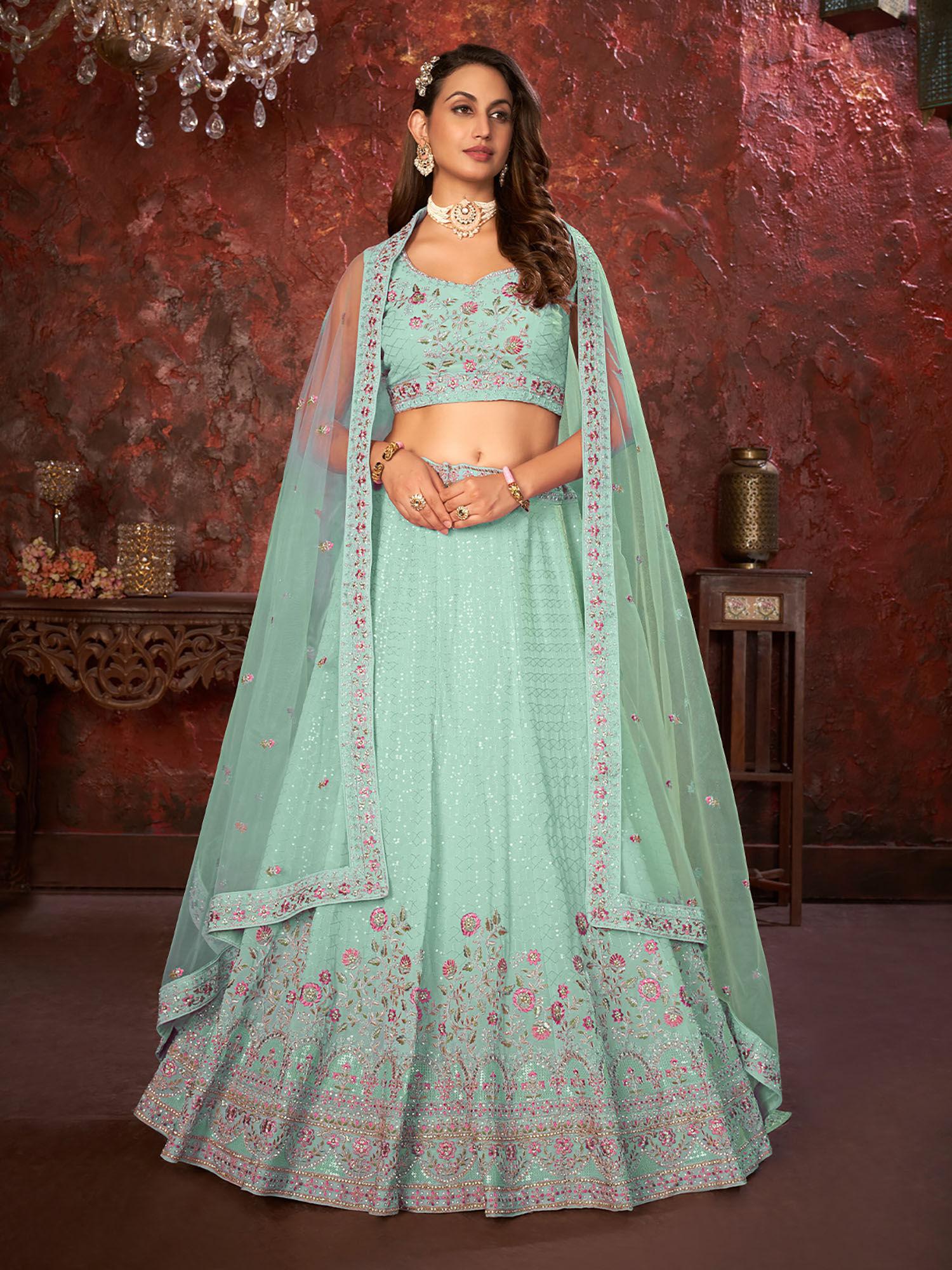 sky green georgette embellished semi stitched lehenga with unstitched blouse (set of 3)