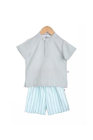 sky grey shirt with striped bermuda pants for girls