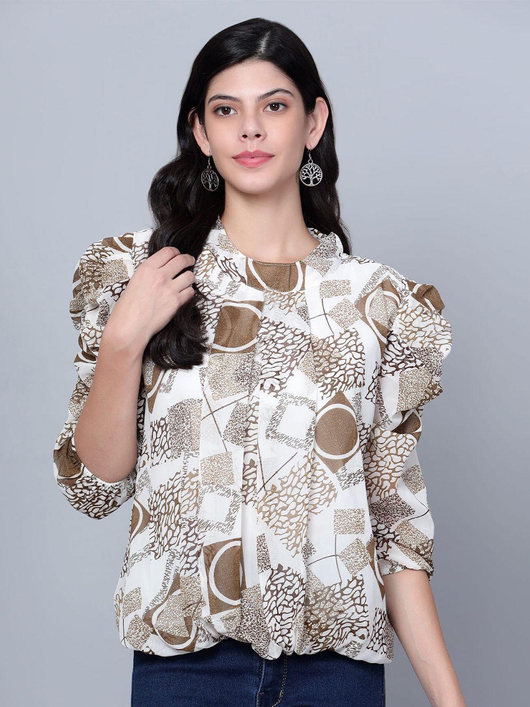 sky heights abstract printed hight neck puff sleeve georgette blouson top