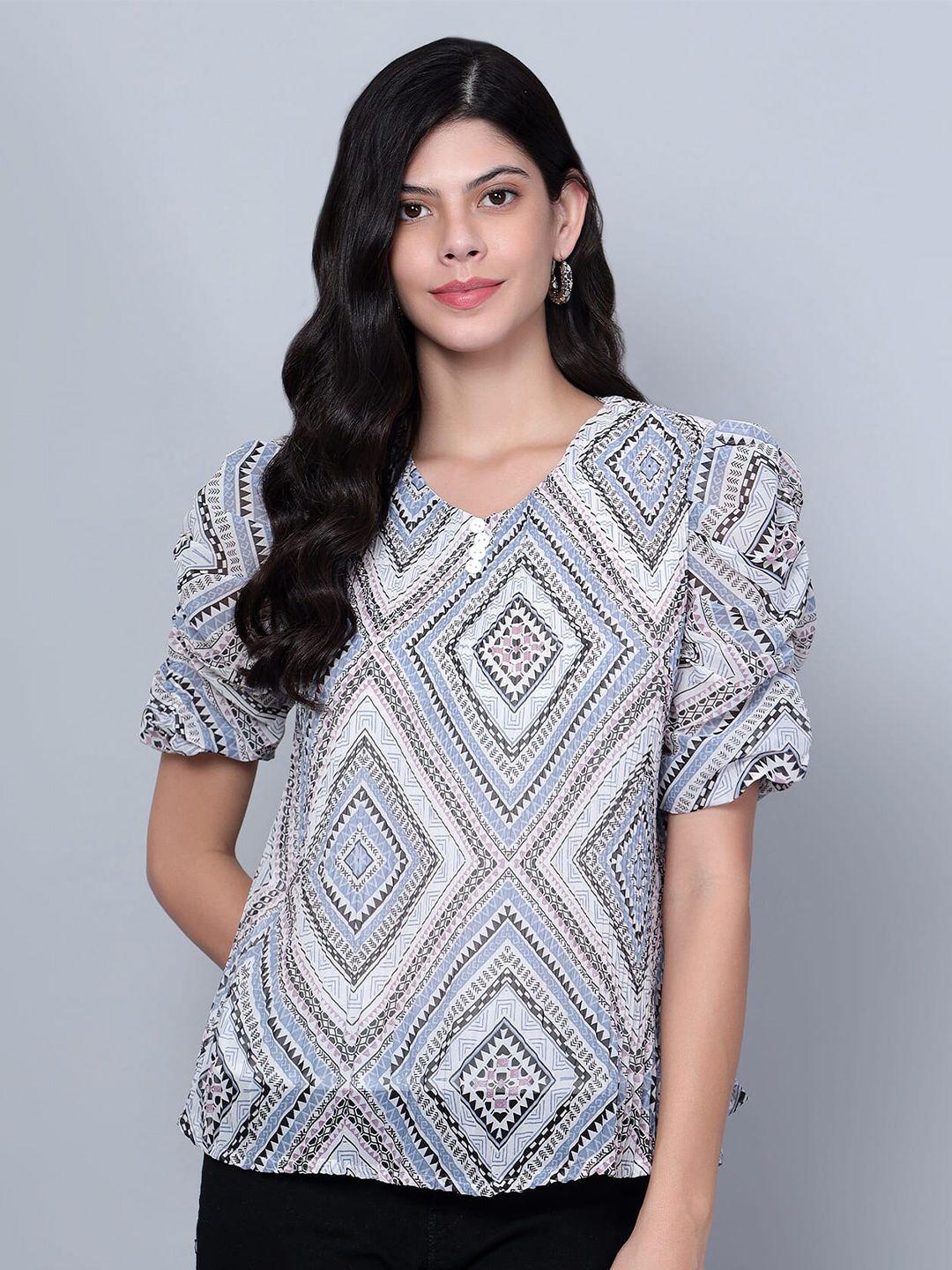 sky heights geometric printed puff sleeves georgette top